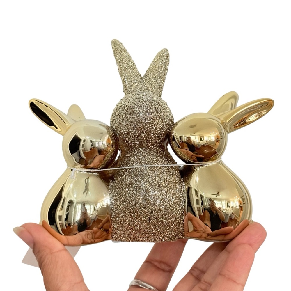 Rachel Zoe Gold Ceramic Set of Trio Mom and Babies Bunny Rabbit Easter Decor